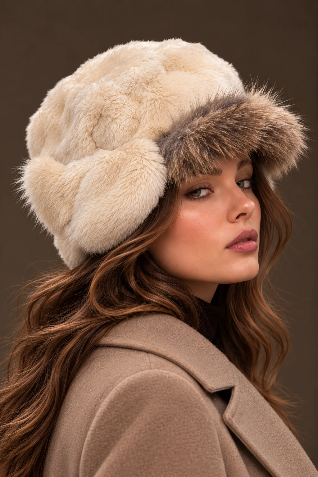 Editorial portrait wearing a natural fur ushanka hat